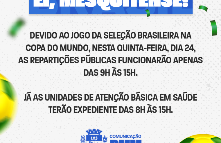 Repartições públicas de Mesquita terão expediente alterado por jogos do Brasil